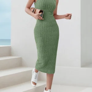 S187186b9d7bc447e9f8c3becec523c21c.webp Dresses for Women Solid Halter Neck Bodycon Ribbed Knit Tank Dress