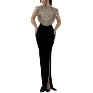 Long Dress Women Summer Dress Elegant Sequin Evening Gown with High Waist Split Detail Women's Glitter Dress for Parties Special