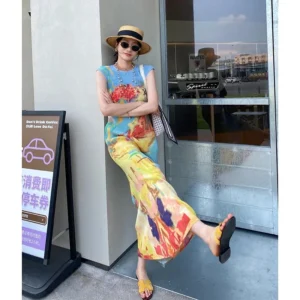 Womens Dresses Woman Clothes  Miyake High-grade Pleated Print Dress Chinese Nat